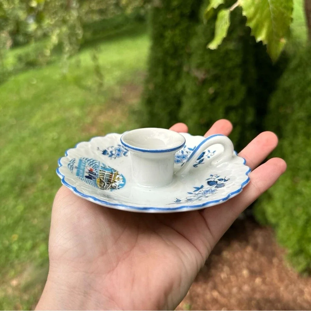 Vintage Porcelain Blue White Chamberstick Candle Holder Carowinds Amusement Park